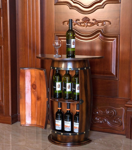 Rustic Lockable Barrel Shaped Wine Bar Cabinet Wooden End Table QI003605L-Wine Bottle Holders-The Wine Cooler Club