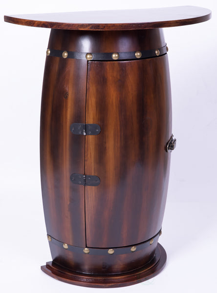 Rustic Lockable Barrel Shaped Wine Bar Cabinet Wooden End Table QI003605L-Wine Bottle Holders-The Wine Cooler Club