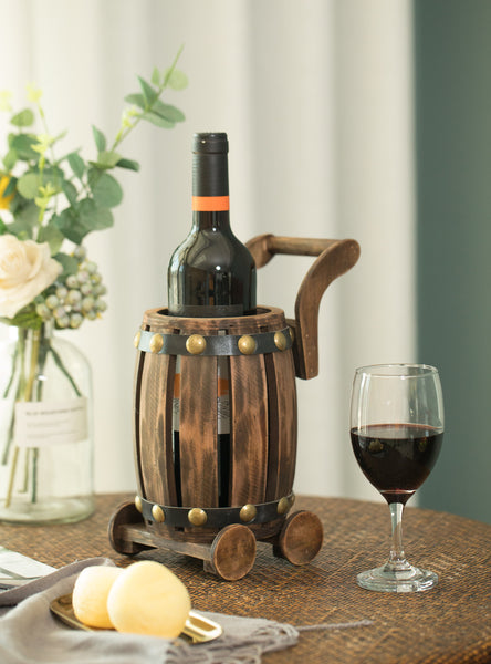 Wooden Barrel Cart Vintage Decorative Shaped Single Bottle Wine Holder QI003663-Wine Bottle Holders-The Wine Cooler Club
