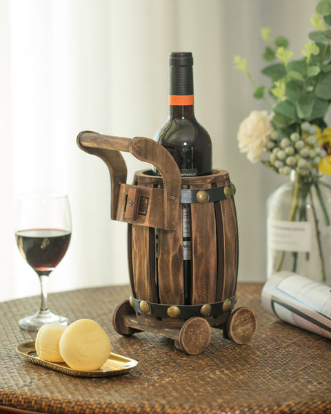 Wooden Barrel Cart Vintage Decorative Shaped Single Bottle Wine Holder QI003663-Wine Bottle Holders-The Wine Cooler Club