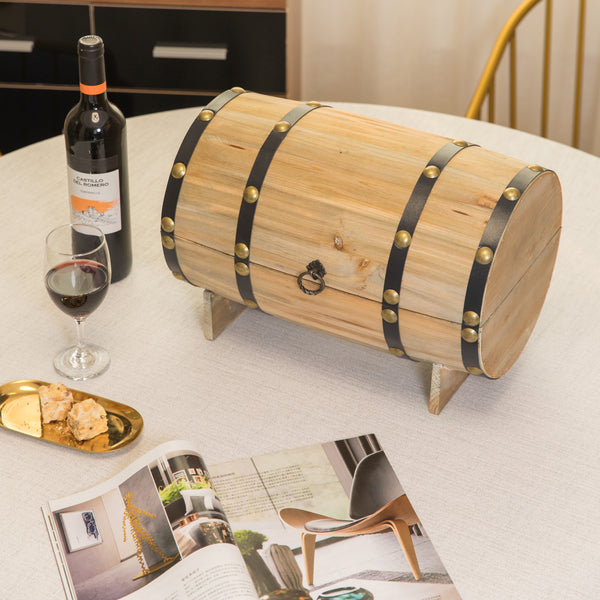 Wooden Wine Barrel Shaped Treasure Chest Vintage Decorative Wine Holder, Natural QI003665N-Wine Bottle Holders-The Wine Cooler Club