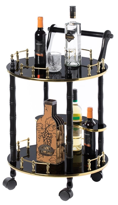 Round Wood Serving Bar Cart Tea Trolley with 2 Tier Shelves and Rolling Wheels QI003779-Wine Bottle Holders-The Wine Cooler Club