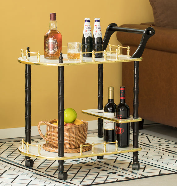 Wood Serving Bar Cart Tea Trolley with 2 Tier Shelves and Rolling Wheels QI003776-Wine Bottle Holders-The Wine Cooler Club
