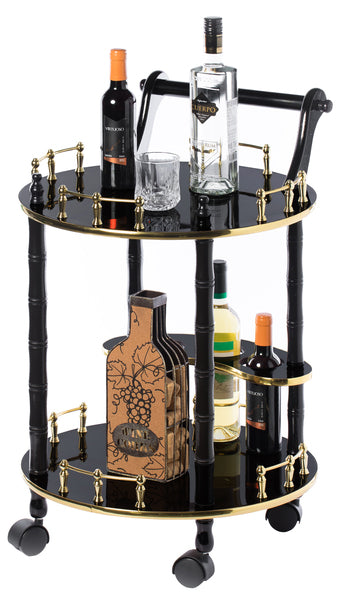 Round Wood Serving Bar Cart Tea Trolley with 2 Tier Shelves and Rolling Wheels QI003779-Wine Bottle Holders-The Wine Cooler Club