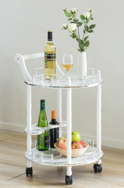 Round Wood Serving Bar Cart Tea Trolley with 2 Tier Shelves and Rolling Wheels QI003779-Wine Bottle Holders-The Wine Cooler Club