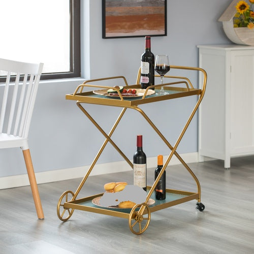 Gold Metal Wine Bar Serving Cart with Rolling Wheels and Handles for Dining, Living room or Entryway QI004278-The Wine Cooler Club