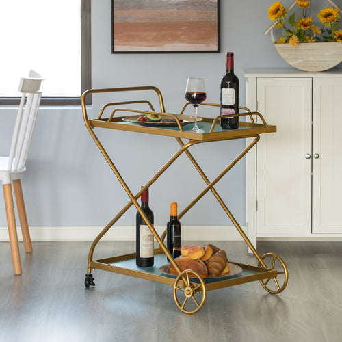 Gold Metal Wine Bar Serving Cart with Rolling Wheels and Handles for Dining, Living room or Entryway QI004278-The Wine Cooler Club