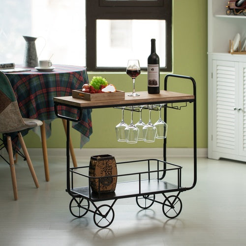 Metal Wine Bar Serving Cart with Rolling Wheels, Glass Holder, and Wine Rack QI004280-wine carts-The Wine Cooler Club