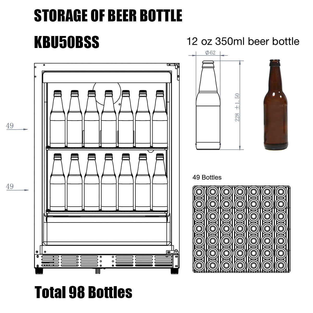 Kingsbottle 24 Inch Under Counter Beer Cooler Fridge Built In KBU50BX-SS, RHH-Wine Coolers-The Wine Cooler Club