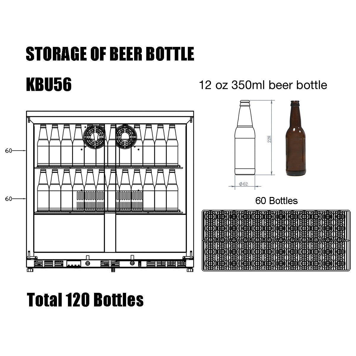 Kingsbottle 36 Inch Heating Glass 2 Door Built In Beverage Fridge KBU56M-Wine Coolers-The Wine Cooler Club