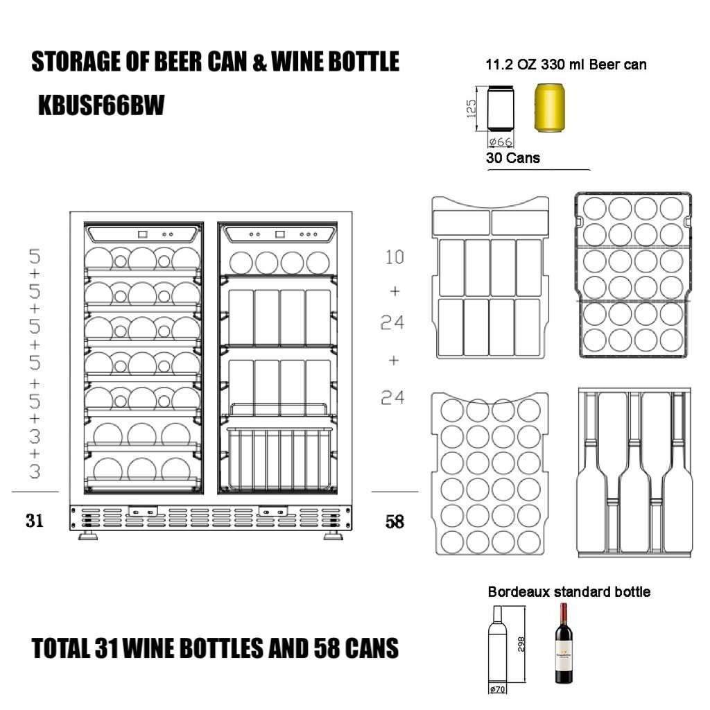 Kingsbottle 30" Under Counter Low-E Glass Door Wine and Beer Cooler Combo KBUSF66BW-BP-Wine Coolers-The Wine Cooler Club