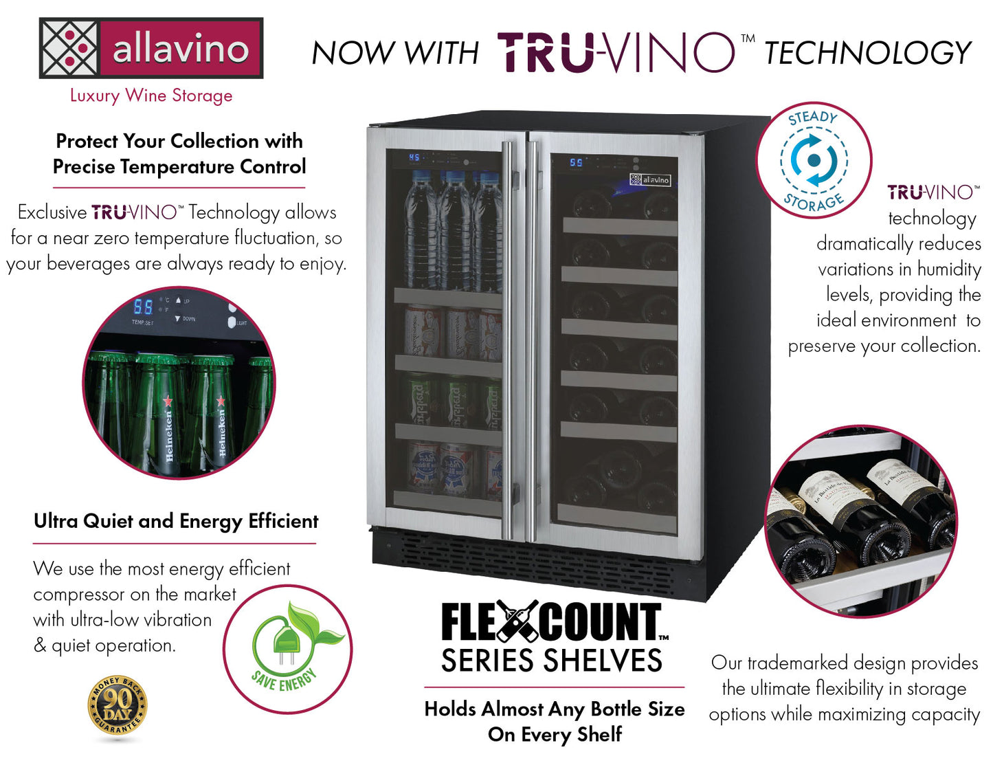 24" Wide FlexCount II Tru-Vino 18 Bottle/66 Cans Dual Zone Stainless Steel Wine Refrigerator/Beverage Center - AO VSWB-2SF20-Wine Coolers-The Wine Cooler Club