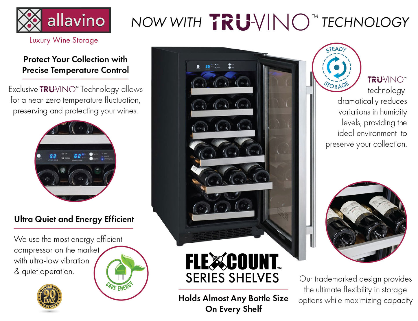 15" Wide FlexCount II Tru-Vino 30 Bottle Single Zone Stainless Steel Right Hinge Wine Refrigerator - AO VSWR30-1SR20-Wine Coolers-The Wine Cooler Club