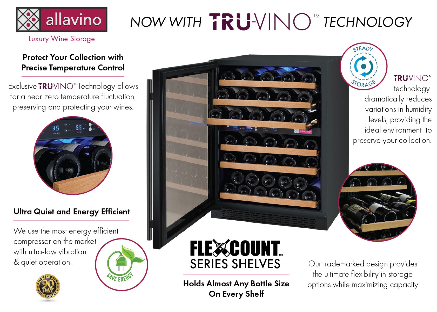 24" Wide FlexCount II Tru-Vino 56 Bottle Dual Zone Black Left and Right Hinge Wine Refrigerator - AO VSWR56-2BL20, AO VSWR56-2BR20-Wine Coolers-The Wine Cooler Club